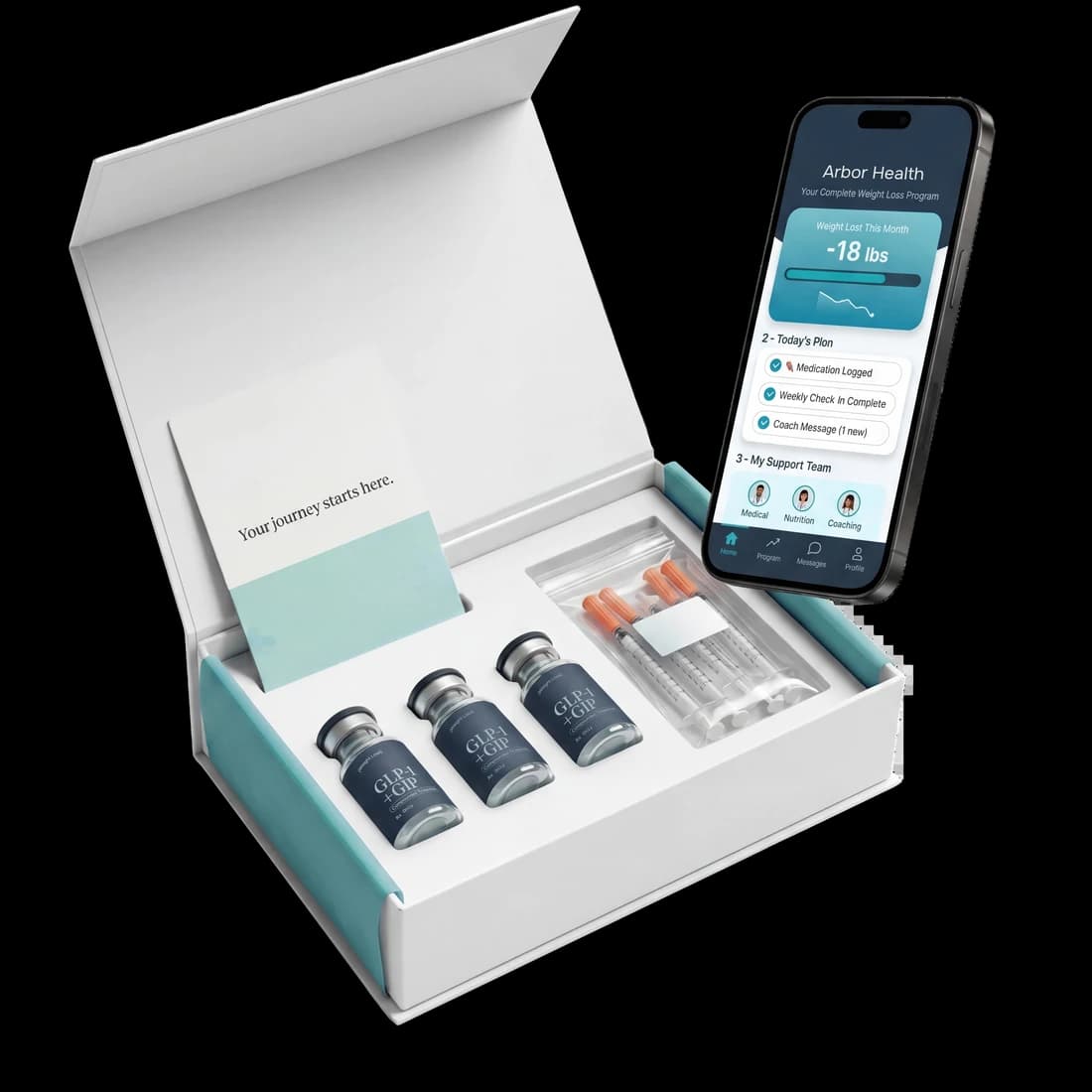 Arbor weight-loss kit: compounded GLP-1 vials, syringes, and the Arbor app showing weekly progress
