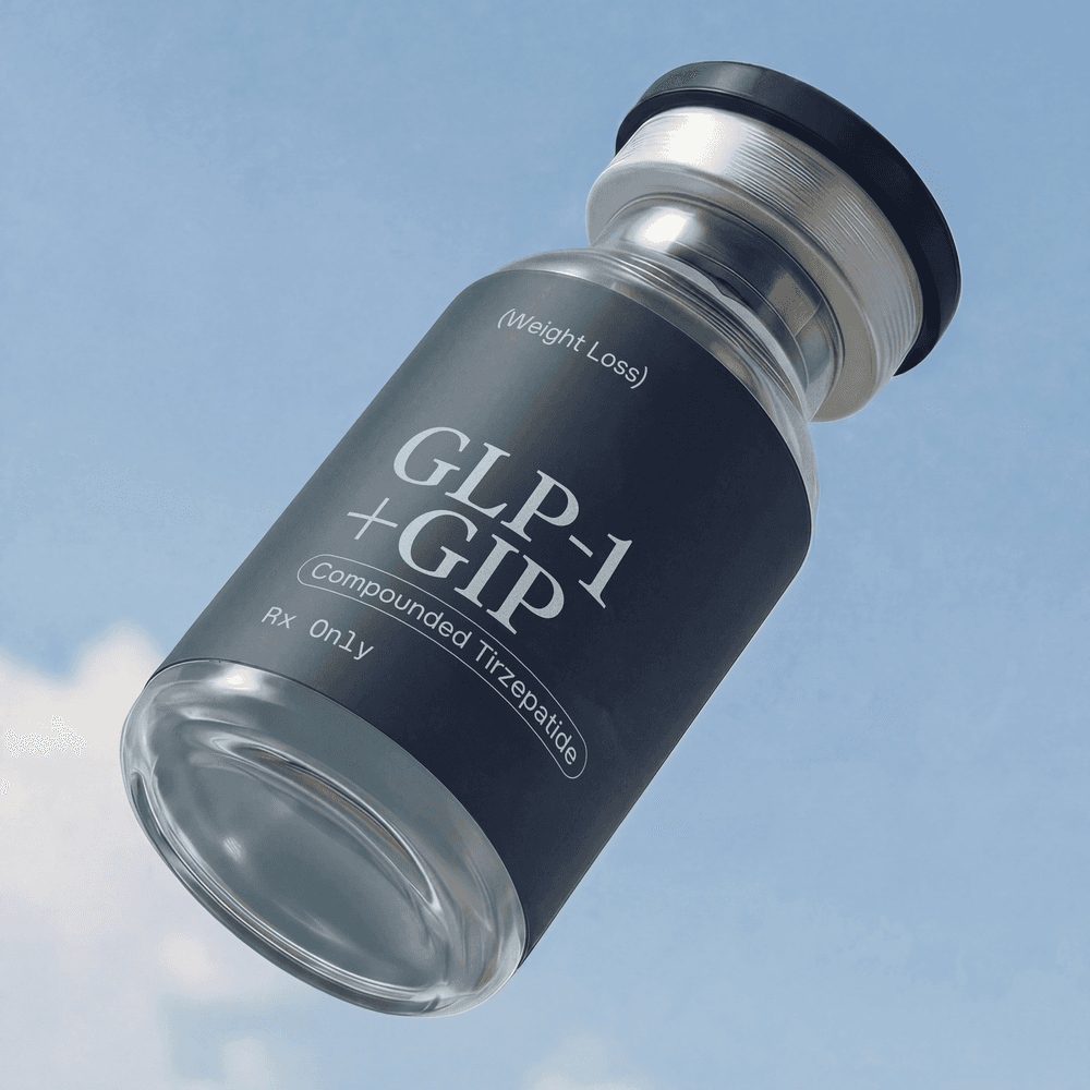 Close-up of compounded tirzepatide GLP-1/GIP vial